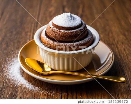 French dessert, High angle view of  French Souffle sprinkling with white icing sugar powder in white ceramic cup on brown ceramic dish with golden spoon on wooden table 123139570