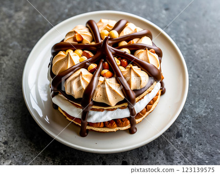 French dessert, High angle view of Hazelnut Dacquoise decorated with hazelnuts, whipped nut cream and chocolate in white ceramic plate on dark stone background. 123139575