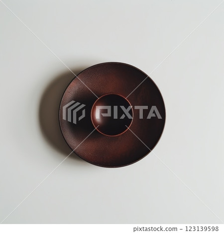 Minimalist Brown Ceramic Plate on White Tabletop Surface Minimalist Brown Ceramic Plate on White Tabletop Surface 123139598