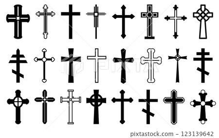 Church holy signs. Christian crosses. Religious black silhouette icons. Faiths shapes and nuances. Orthodoxy and Catholicism crucifix. Gothic gravestone shape. Bible symbols vector set 123139642