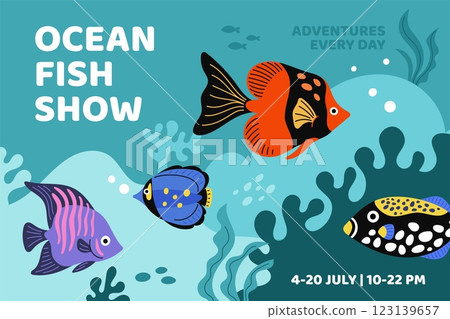 Fish exhibition. Invitational poster. Tropical marine life. Underwater colorful inhabitants. Oceanarium flyer. Swimming angelfish. Aquarium animals. Coral reef. Garish vector banner 123139657