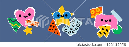 Funny paper collages. Torn patterned pieces of cardboard. Colorful elements with ragged edges. Bright compositions. Scrapbooking shapes. Abstract doodle stickers. Garish vector set 123139658