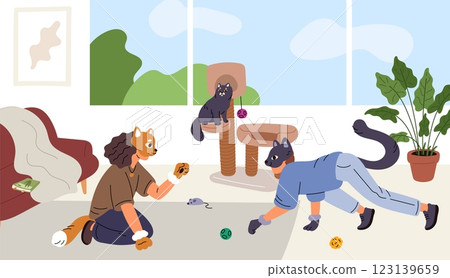 Funny quadroblasts playing in home living room. Pets imitation. Modern teens subculture. Animal cosplay. People with cat masks and tails. Wildlife imitate game. Garish vector concept Funny quadroblasts playing in home living room. Pets imitation. Modern teens subculture. Animal cosplay. People with cat masks and tails. Wildlife imitate game. Garish vector concept 123139659