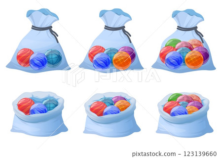 Glass balls in pouches. Marbles glossy spheres in bags. Old kids game. Accuracy and strength. Geometric shapes. Open or closed pouch. Transparent patterned elements. Beads vector set 123139660