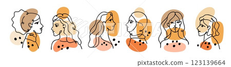 Linear abstract female faces. Contour modern portraits. Continuous line sketch. Contemporary outline women characters. Minimalistic elegant girls. Profile drawings. Garish vector set 123139664