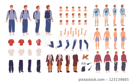 Male character kit. Man body parts constructor. Different poses. Various face emotion expressions. Casual clothes. Limb positions. Avatar generator. Apparel accessory. Garish vector set 123139665