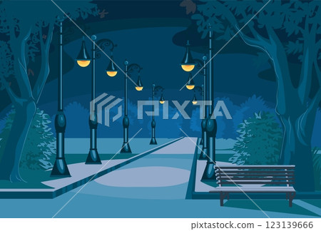 Old lanterns in city park. Vintage decorative lamps. Night urban landscape. Retro street lights. Road with streetlights. Trees and bench. Nighttime cityscape. Splendid vector concept 123139666