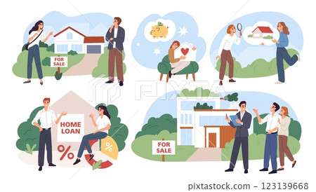 People take out loan for real estate. Mortgage credit. Residential building. Persons buy apartment. Housing purchase. Realtors sell property. Conclusion of contracts. Garish vector set 123139668