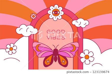 Psychedelic hippie card. Good vibes. Surreal rainbow. Horizontal banner. Abstract groovy objects. Acid mystic trip composition. Flowers and butterfly. Clouds gate. Garish vector poster 123139674