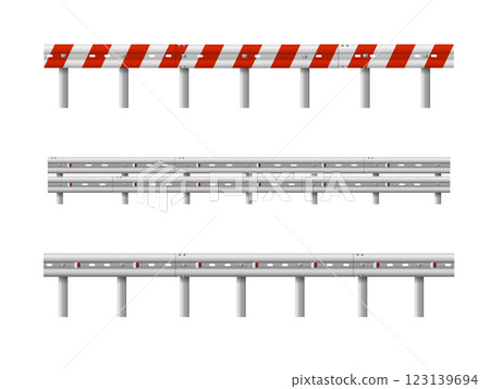Metallic road barrier fence. 3d roadblock for safety on highway. Metallic road barrier fence. Vector Metallic road barrier fence. 3d roadblock for safety on highway. Metallic road barrier fence. Vector 123139694