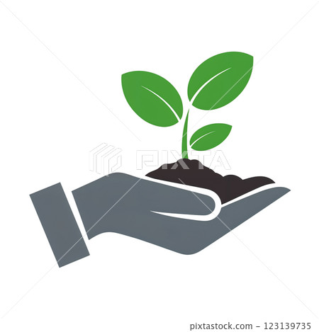 Vector icon with a silhouette of a hand holding a plant sprout with leaves emerging from the ground. Symbol of care for nature, ecology, growth and sustainable development. 123139735