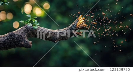A tree branch breaking and falling, capturing the moment before it hits the ground. 123139750