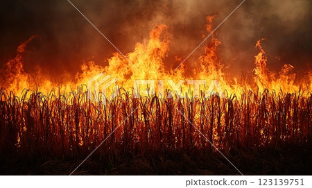 Burning dry grass in a field at sunset with glowing embers and rising smoke. 123139751