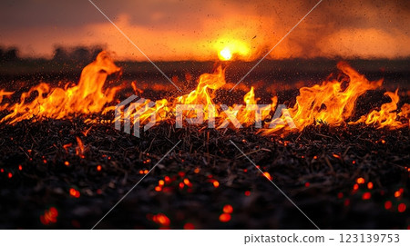 Burning dry grass in a field at sunset with glowing embers and rising smoke. 123139753