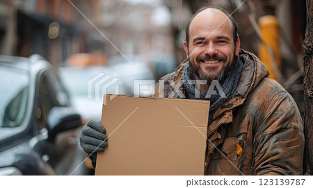 smiling and balding man Standing next to his car, the man is holding up empty cardboard sign. 123139787