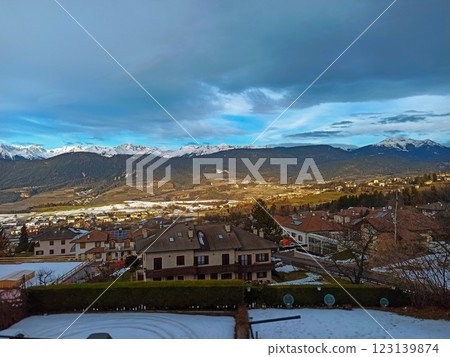 Beautiful view of Emerald Lake with snow covered and wooden lodge glowing in rocky mountains and pine forest on winter 123139874