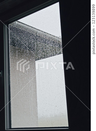 Water droplets on window glass blur background tree nature 123139899
