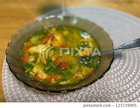 Pomerania Ukha .Russian homemade traditional fish soup.farm-style 123139905