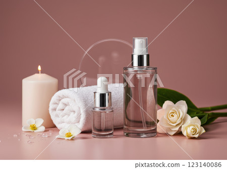 Skin care set, cosmetic bottles and flower arrangement (AI-generated image) 123140086