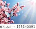Blue butterfly resting on pink cherry blossoms with soft background. 123140091