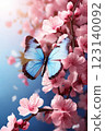 Blue butterfly resting on pink cherry blossoms with soft background. 123140092