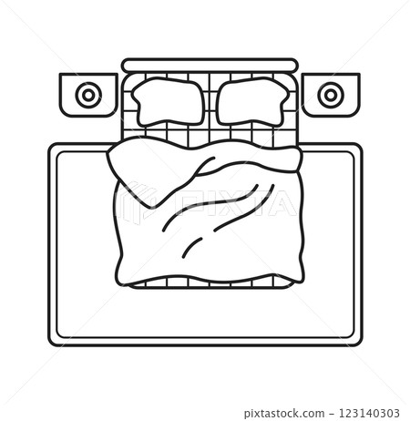 Top view double bed with pillows and blanket 123140303