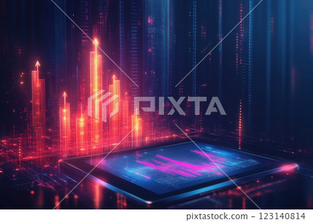 Digital illustration of upward trend with glowing bar graph Digital illustration of upward trend with glowing bar graph 123140814