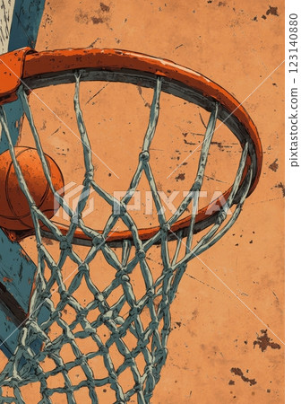 Close-up of an old basketball hoop with worn net 123140880