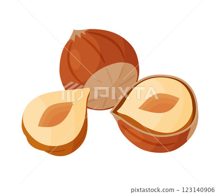 Half and whole hazelnuts shelled and unshelled nut cartoon trendy flat style isolated icon 123140906