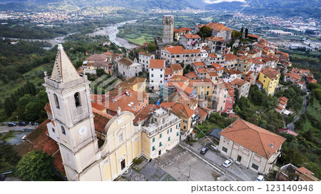 Italy, Vezzano Ligure - one of the most beautiful old villages in Liguria, La Spezia province. Aerial high angle view . Italy, Vezzano Ligure - one of the most beautiful old villages in Liguria, La Spezia province. Aerial high angle view . 123140948