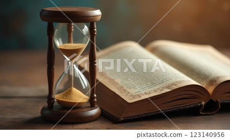 time, book, open, bible, hourglass, limitation, wisdom, knowledge, spirituality, guidance, education, study, philosophy, faith, christianity, history, reading, inspiration, ancient, classical, leisure 123140956