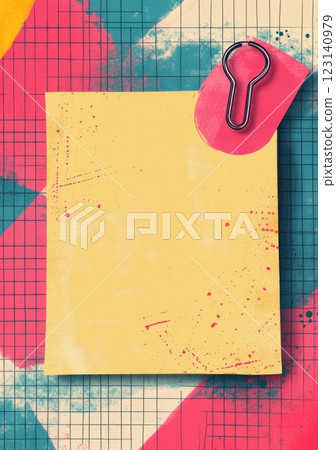 Colorful abstract post-it note with pink paper clip on grid background 123140979