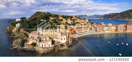 beautiful town Sestri Levante.Liguria region, Italy  . aerial panoramic view of Bay of Silence with old church colorful houses and beach 123140988