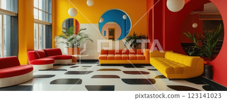 Colorful Bauhaus-inspired interior design with retro furniture and modern elements 123141023
