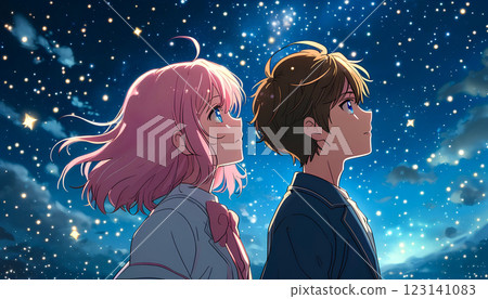 Romantic anime illustration of a teenage couple, a young boy and girl under a starry night sky. The couple is drawn in a distinctive anime style with large expressive eyes and detailed hair. 123141083