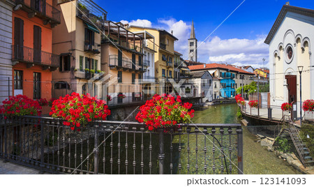 Italy, Orta lake. Piedmont. (Lago di Orta). Scenic colorful town Omegna with charming canals and floral streets 123141093