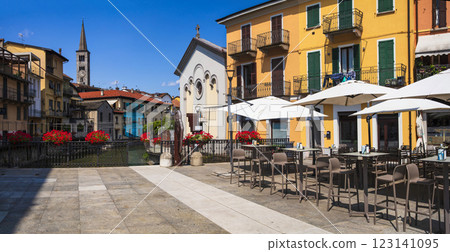 Italy, Orta lake. Piedmont. (Lago di Orta). Scenic colorful town Omegna with charming canals and floral streets 123141095