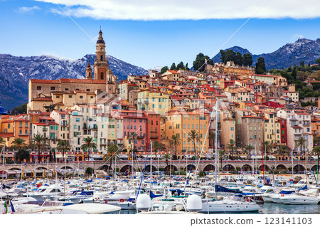 Mentone -charming coastal town resort in French riviera. view of marine and colorful houses. Cote d'azure France 123141103