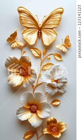 Elegant golden butterflies and flowers on white background 123141125