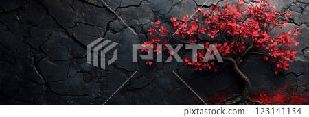 Vibrant red autumn tree against textured cracked wall Vibrant red autumn tree against textured cracked wall 123141154