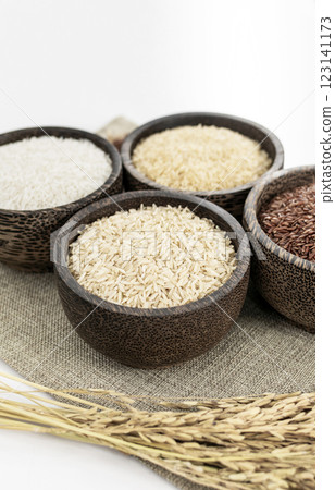 different kinds of asian rice variety grains in rustic setting display in Cambodia 123141173