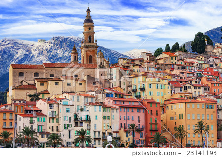 Mentone -charming coastal town resort in French riviera. view of marine with sail boats and colorful houses. Cote d'azure, Alpes-maritimes, France 123141193