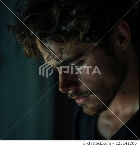 Young Man in Dim Lighting with Thoughtful Expression 123141200