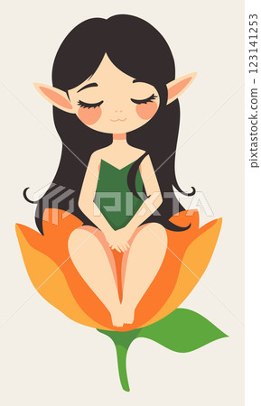 Cute elf sitting in flower. Vector isolated illustration 123141253