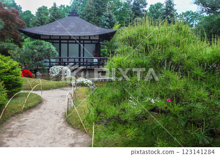 Japanese garden in Potsdam wth rhododendron blossom , eatherm garden pathes and pagoda in distance 123141284