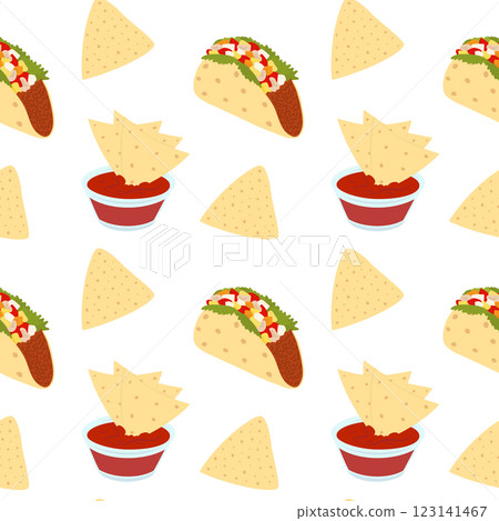 Traditional Mexican food Taco meat filled and Nacho in saucer with sauce Seamless Pattern Wallpaper 123141467