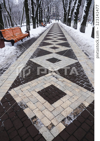 Bench in a winter park Kiev Ukraine 123141477