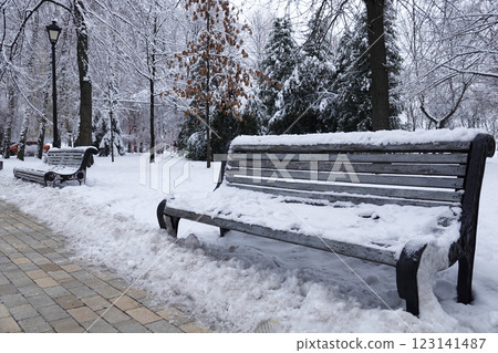 Bench in a winter park Kiev Ukraine 123141487