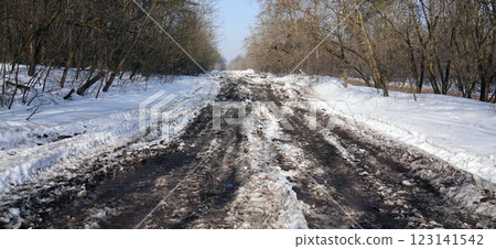 Impassable road in a winter forest with huge puddles 123141542