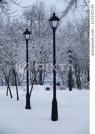 park with lanterns in the wintertime europe 123141544